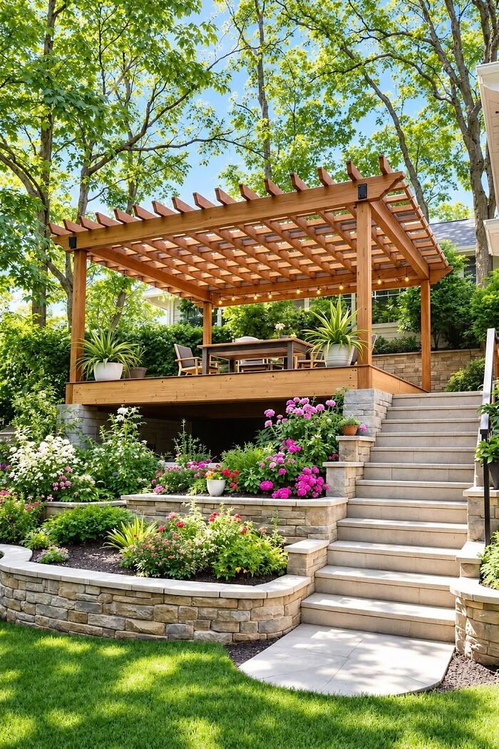 An elegant backyard deck with a pergola, showcasing clever wooden creations.