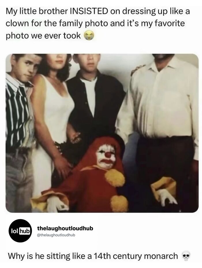 A funny family portrait with a boy dressed in a clown costume, a classic example of edgy memes.