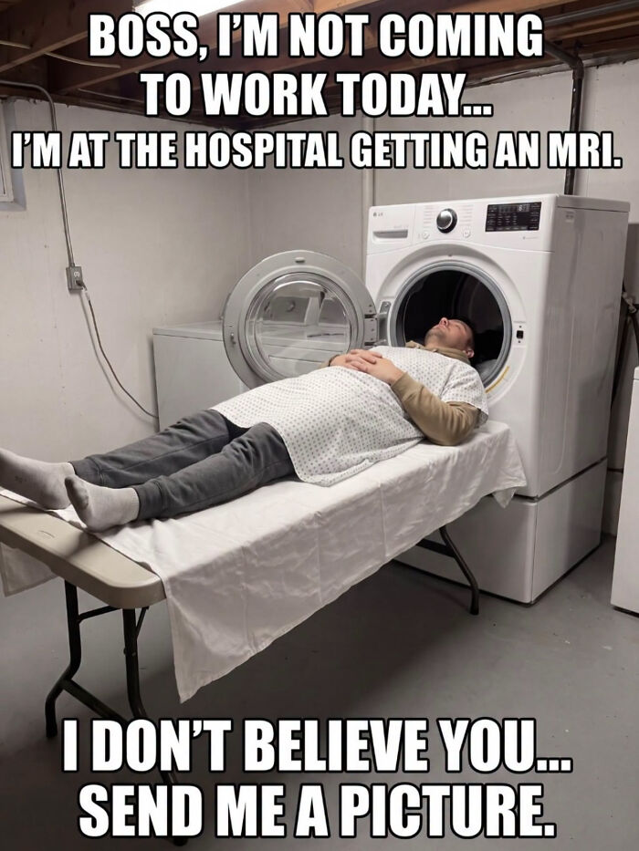 A man pretending to get an MRI in a washing machine, great for edgy memes.