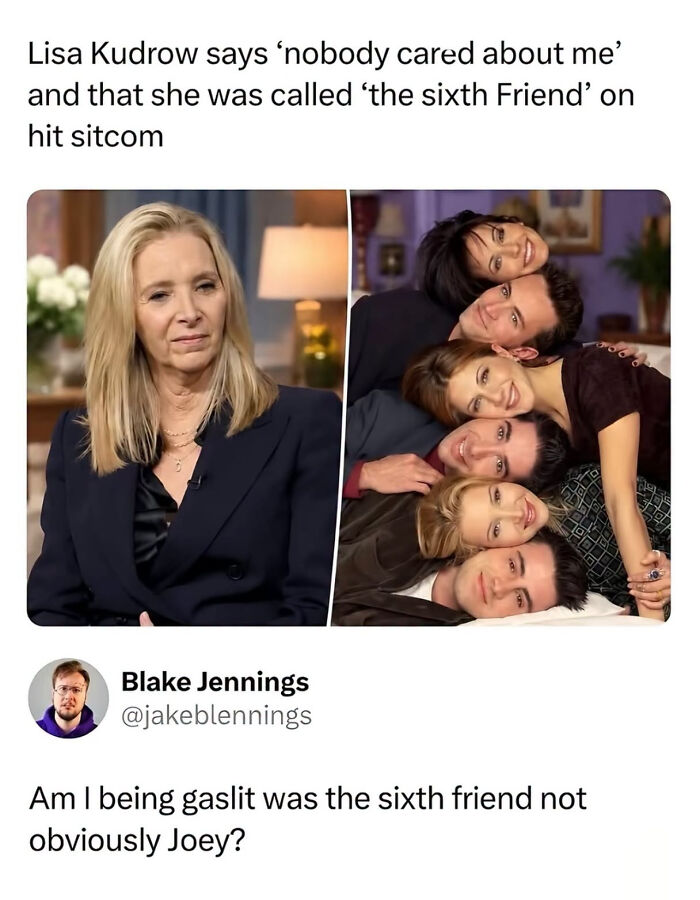 Lisa Kudrow next to the Friends cast in a social media post, part of edgy memes.