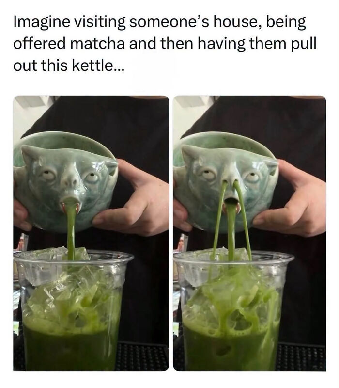 A cat ceramic kettle pouring green tea, showcasing one of the edgy memes.