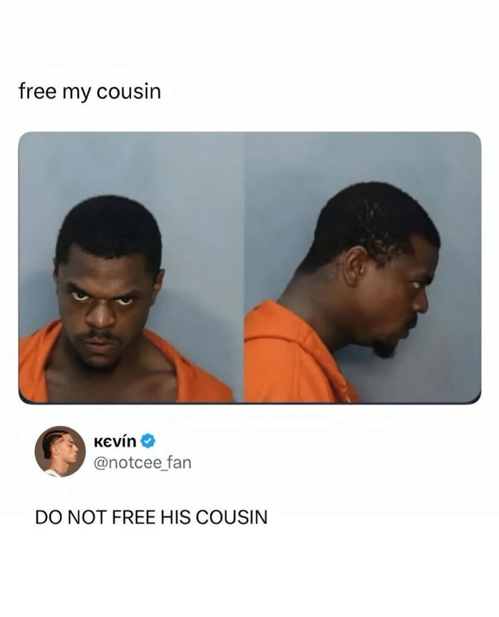 Edgy memes showing a mugshot of an angry-looking man with the caption: Do not free his cousin.