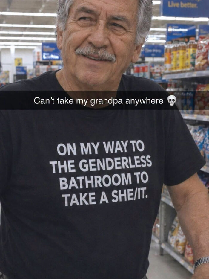 Edgy memes featuring an older man wearing a controversial graphic t-shirt about genderless bathrooms.