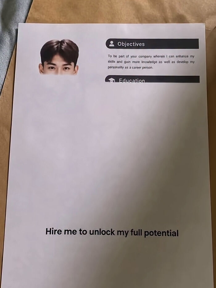 A resume showing only a pair of eyes to unlock full potential, from a collection of edgy memes