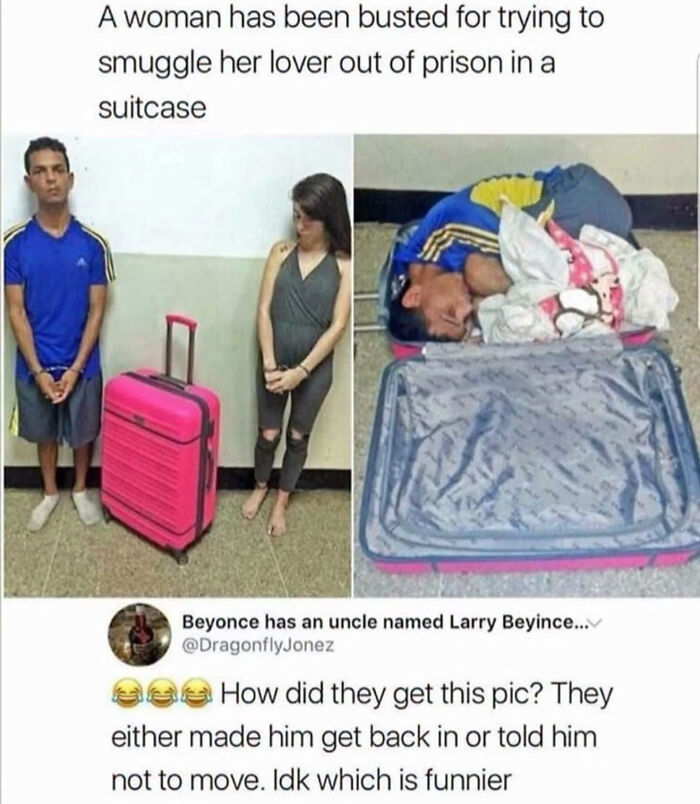 A funny news story about a prison escape attempt in a pink suitcase, from edgy memes