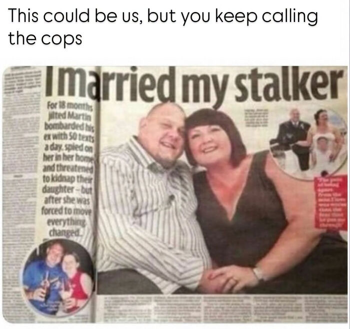 A funny newspaper article meme with the headline I married my stalker, showcasing edgy memes.