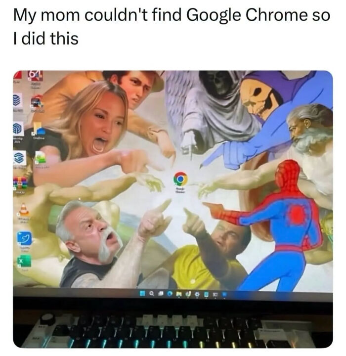 A desktop wallpaper pointing at the Google Chrome icon, highlighting popular edgy memes characters.