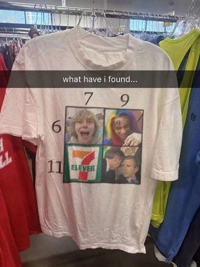 An edgy memes shirt showing a funny pun grid using celebrities and brands like 7-Eleven.