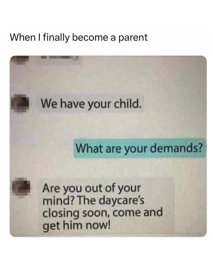 A hilarious text message conversation about a daycare closing, depicting edgy memes on family life.