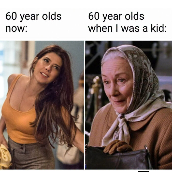 Side-by-side comparison of 60-year-olds now versus in the past, popular in edgy memes.