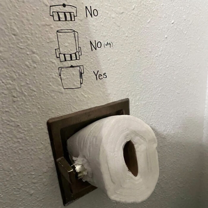 Edgy memes featuring a funny wall guide for the correct orientation of a toilet paper roll