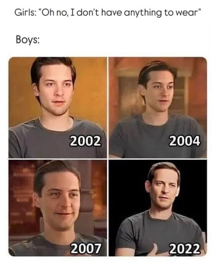 Tobey Maguire wearing the exact same grey t-shirt in four different years, featured in edgy memes.