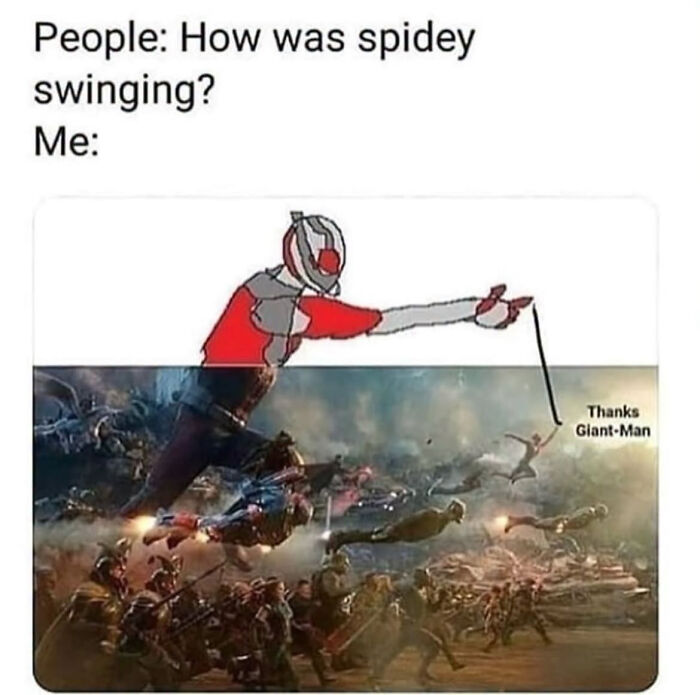 Funny drawing of Giant-Man holding Spiderman, illustrating edgy memes about movie physics.