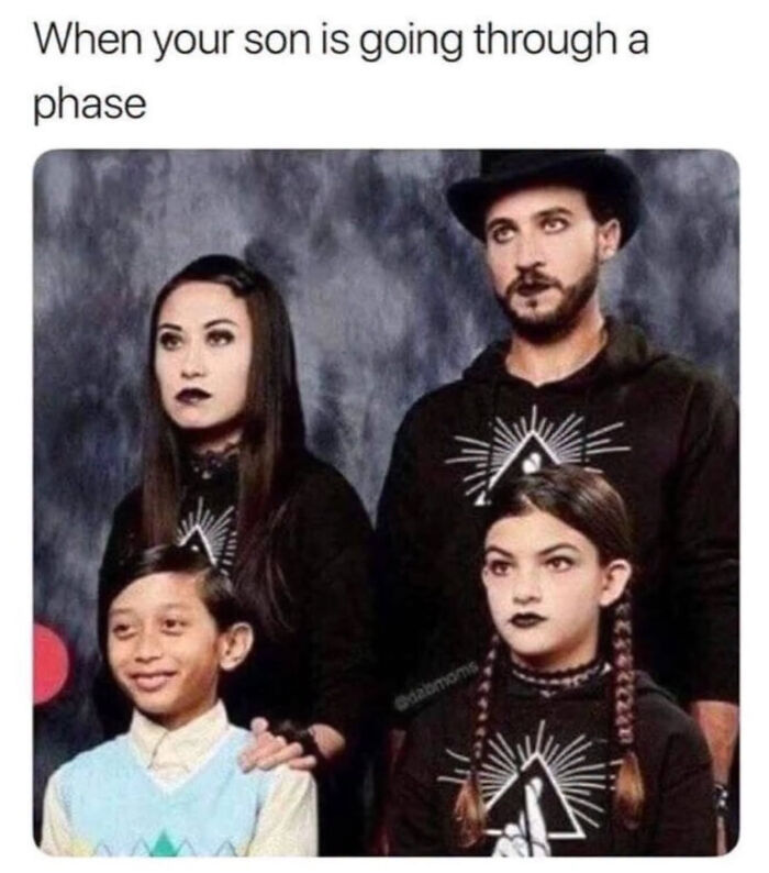 Goth family posing with one smiling son in a pastel sweater, showcasing edgy memes about family phases.