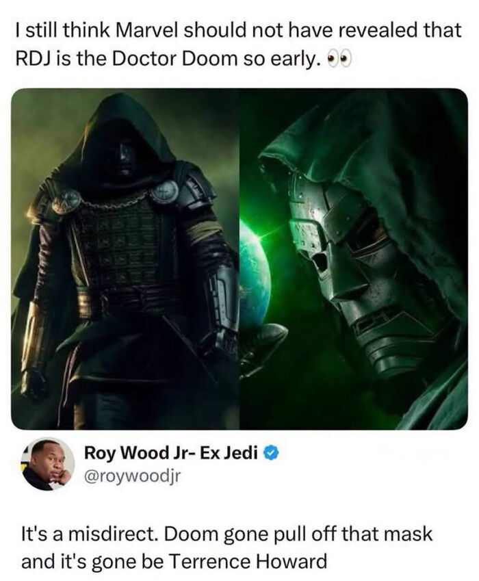 A funny tweet about Doctor Doom and Terrence Howard, ideal for movie-inspired edgy memes