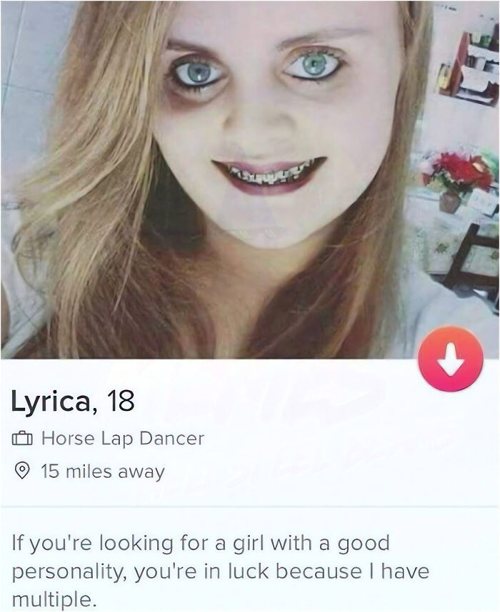 A creepy dating profile screenshot of a girl with a bizarre description, embodying dark edgy memes.