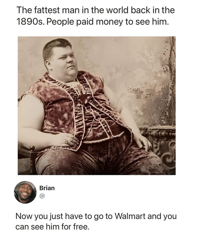 A vintage photo of a large man from the 1890s with a funny social media comment, featuring typical edgy memes.