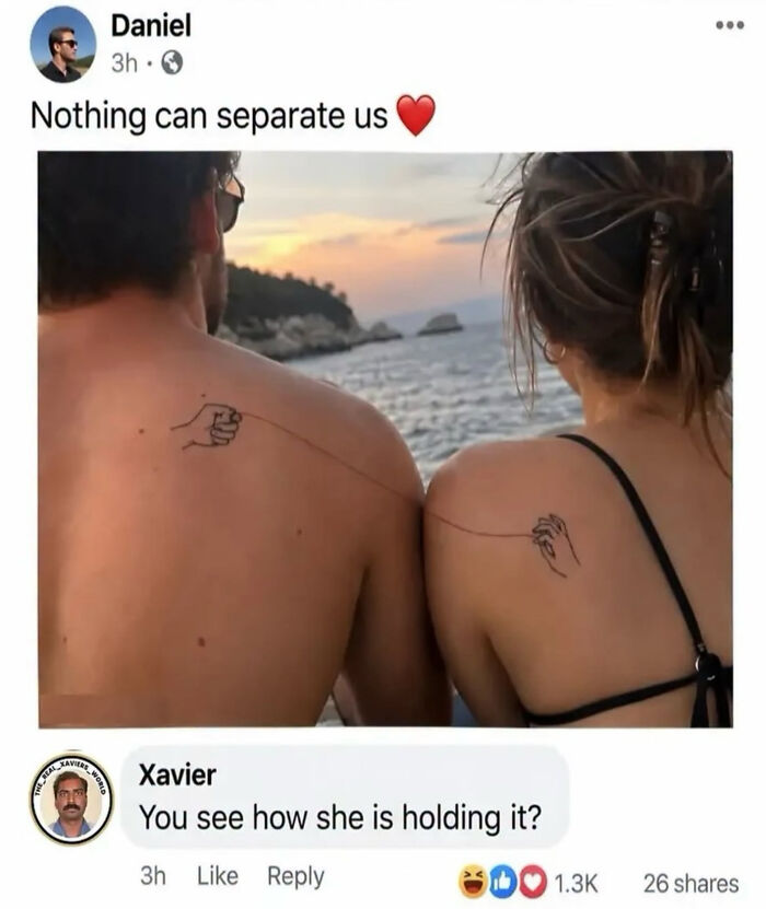 A couple sharing a tattoo of holding hands, featured in these edgy memes