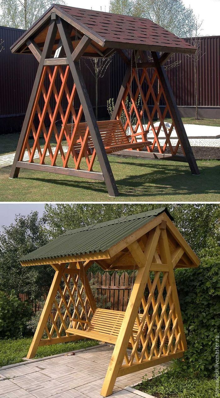 Two designs of garden swings under wooden roofs showcasing clever wooden creations
