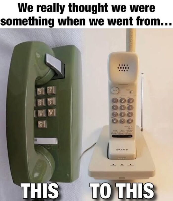Transition from old rotary phone to early mobile phone in nostalgic technology shift