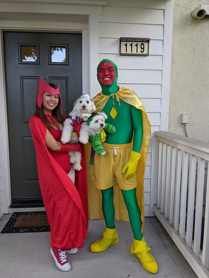 A couple in WandaVision superhero outfits holding two dressed-up dogs for cool Halloween couples costumes.
