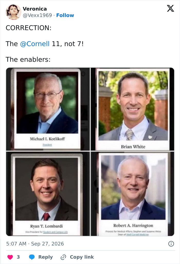 Tweet correcting Cornell 7 to Cornell 11 with photos of enablers