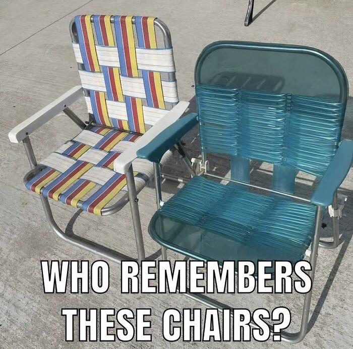 Two retro woven folding lawn chairs sitting on concrete, classic items from 80s kids childhoods nostalgic photos.