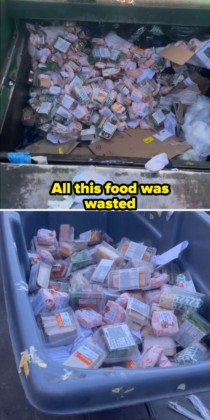 A dumpster full of packaged sandwiches, highlighting issues in modern life in America.