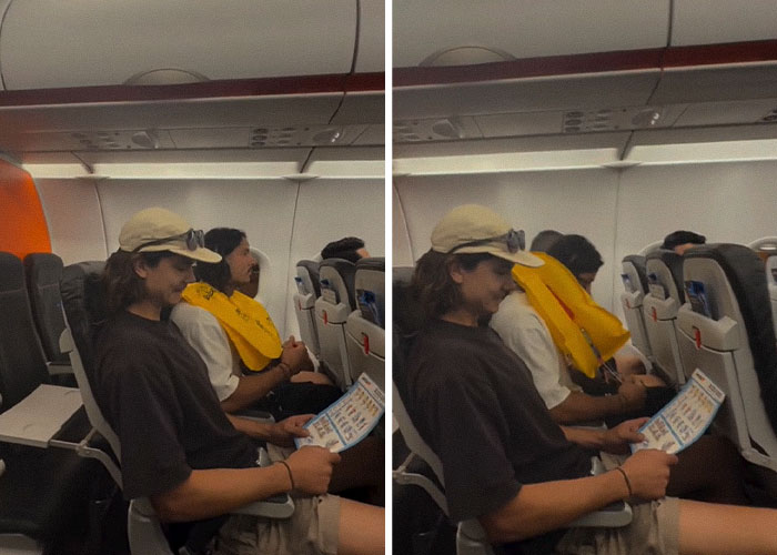 Influencer Hugh Lovett wearing a life jacket inside an airplane during a plane safety demo joke.
