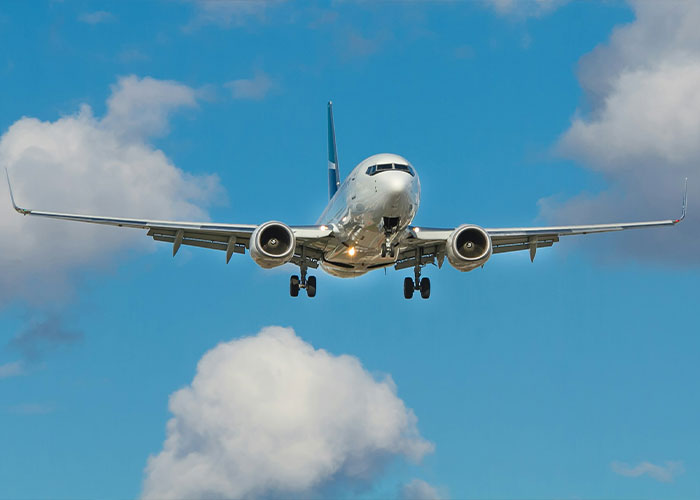 Commercial airplane flying in a blue sky with clouds, representing aviation and plane safety demo context.