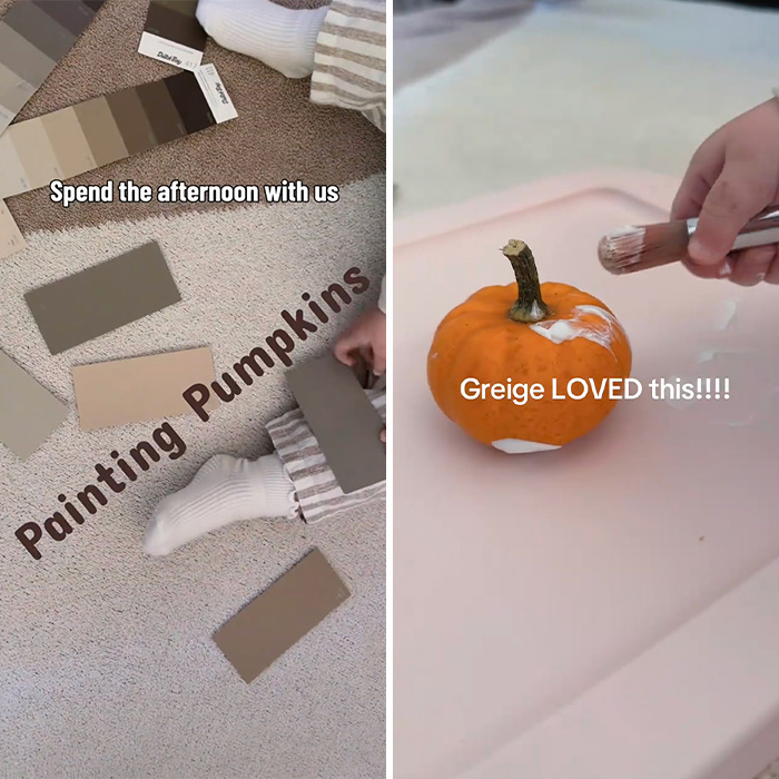 A split image showing beige paint swatches and painting a pumpkin white, reflecting beige mom trends. A split image showing beige paint swatches and painting a pumpkin white, reflecting beige mom trends.