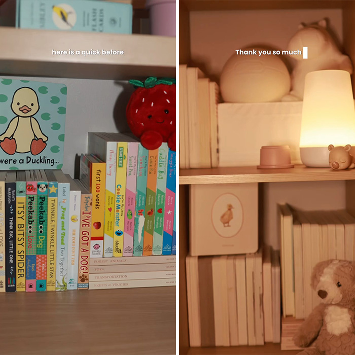 A split screen comparing colorful children books to a neutral, muted beige aesthetic bookshelf. A split screen comparing colorful children books to a neutral, muted beige aesthetic bookshelf.