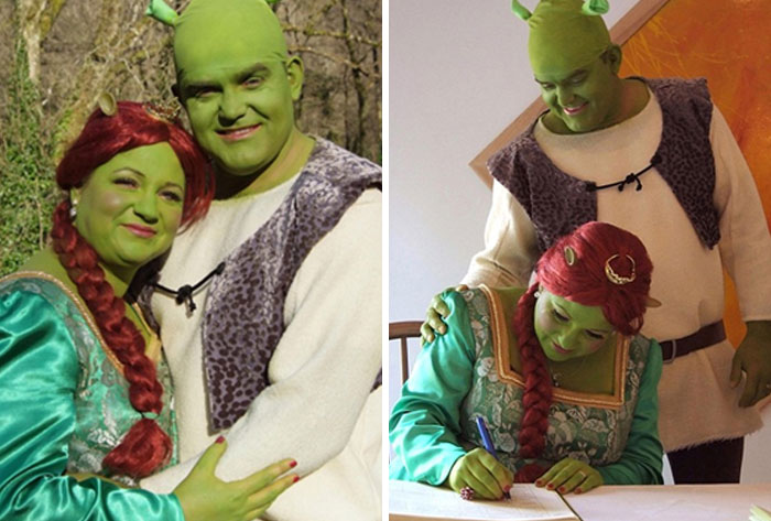 A couple dressed as Shrek and Fiona for their ceremony, creating questionable wedding memories