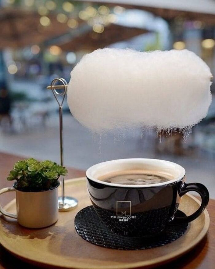 Coffee cup served with a floating cotton candy cloud, highlighted among ingenious things from around the world