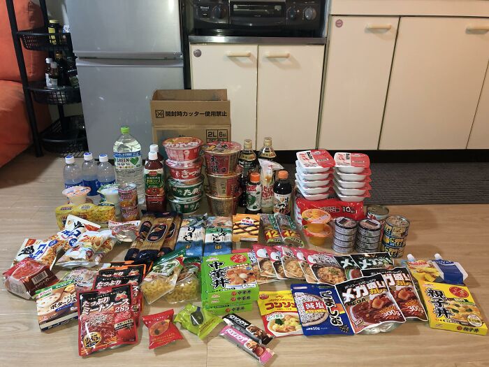 Useful and ingenious things: A large array of organized emergency food rations and supplies.