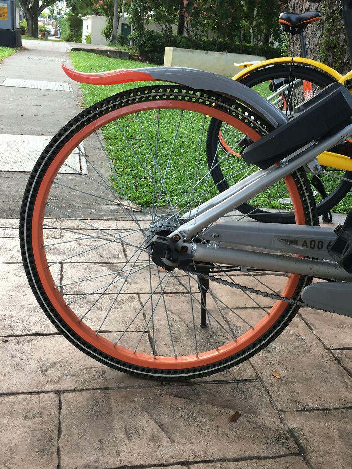 Ingenious things: bicycle wheel design featuring airless, puncture-proof rubber tires on a path.