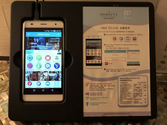 Ingenious things in hotel room: a free smartphone with hotspot capabilities for guest use.