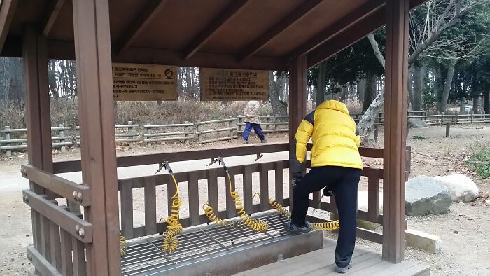 Public shoe dusting station with air hoses, an ingenious thing in various parts of the world.