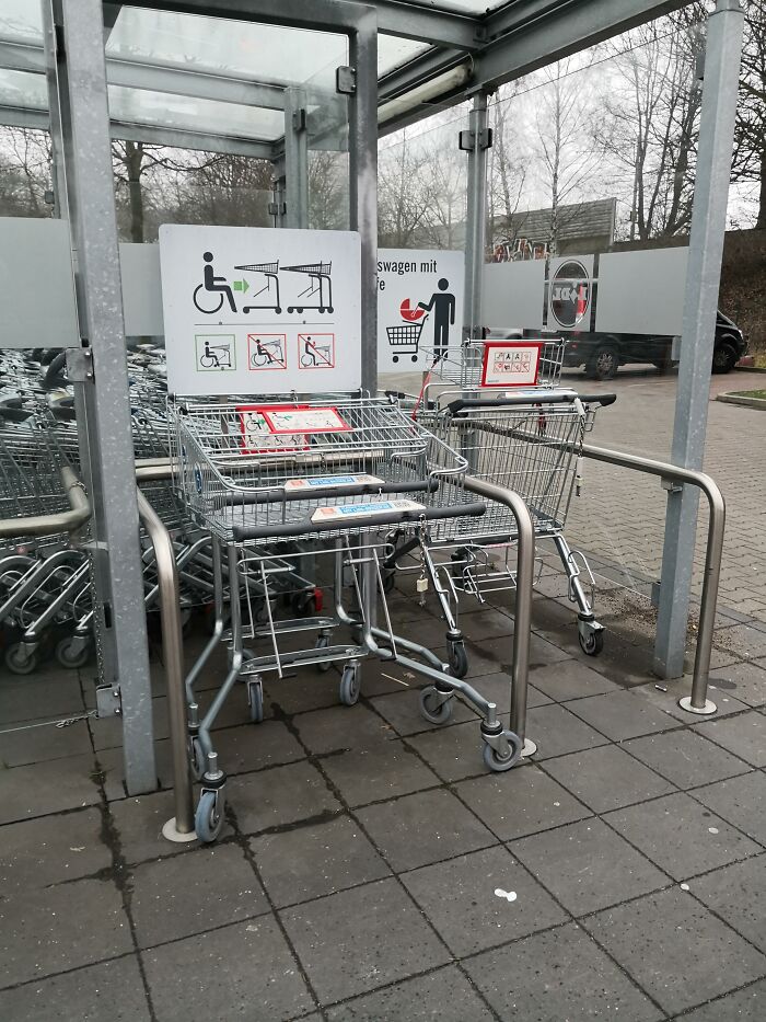 Special shopping carts designed for wheelchair users showing ingenious things in various parts of the world.