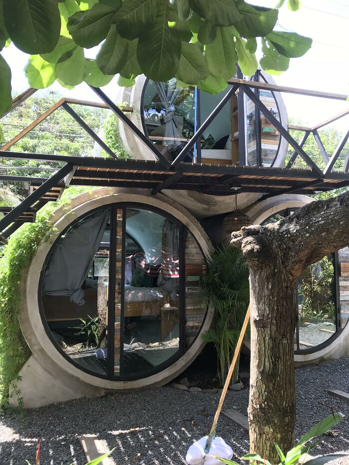 Modern eco-friendly circular lodging units nestled in nature, an ingenious architectural design.
