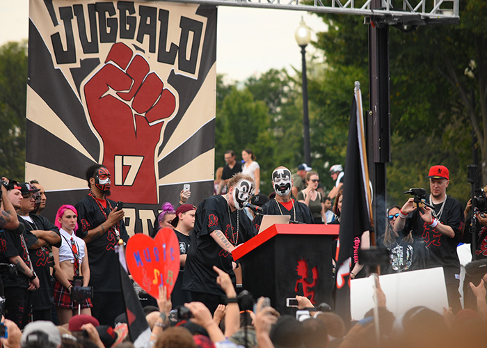 Fans and performers gather at a rally during the Gathering Of The Juggalos music festival.