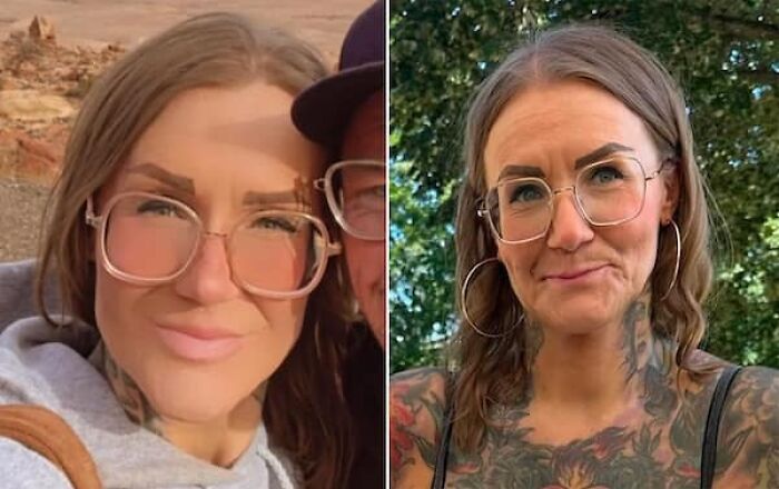 Before and after edited photos of woman with distorted facial appearance