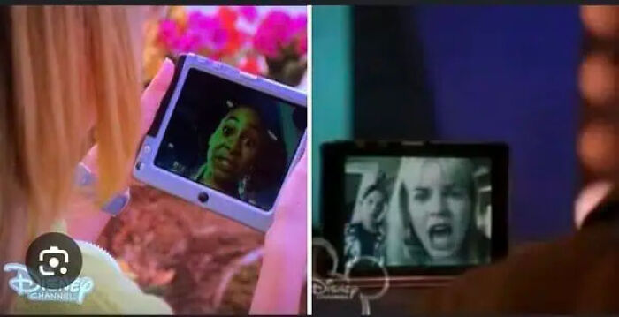 A side-by-side comparison of characters using futuristic video call tablet props in a scene