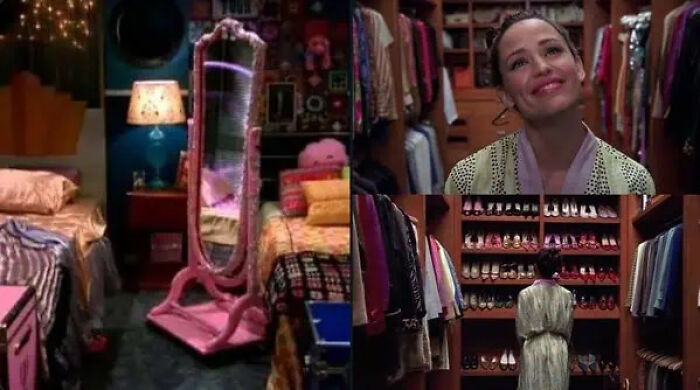 A collage showing a pink mirror and a shoe closet as movie props