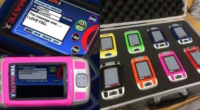 A collection of colorful Tekmate toy phones in a metal briefcase used as movie props