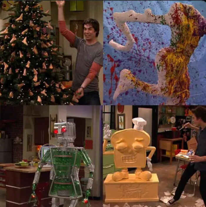 Assorted quirky creative set pieces and colorful movie props used in a television show production