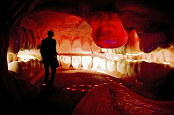 Silhouette standing inside a giant red mouth display, one of many weird photos.