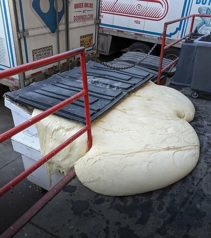 Massive overgrown pizza dough spilling out of a dumpster among weird photos.