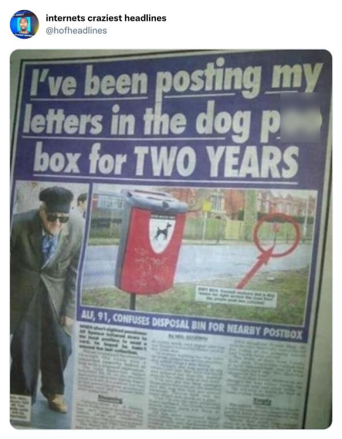 Hilarious news headlines showing newspaper about man posting letters in dog p*o box