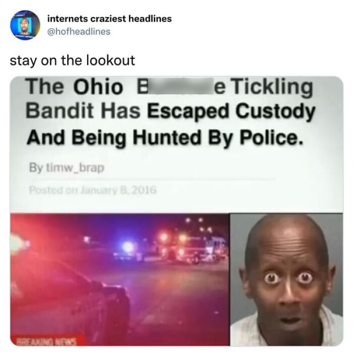 Funny news headlines about an escaped Ohio Tickling Bandit, featuring an unusual mugshot image.